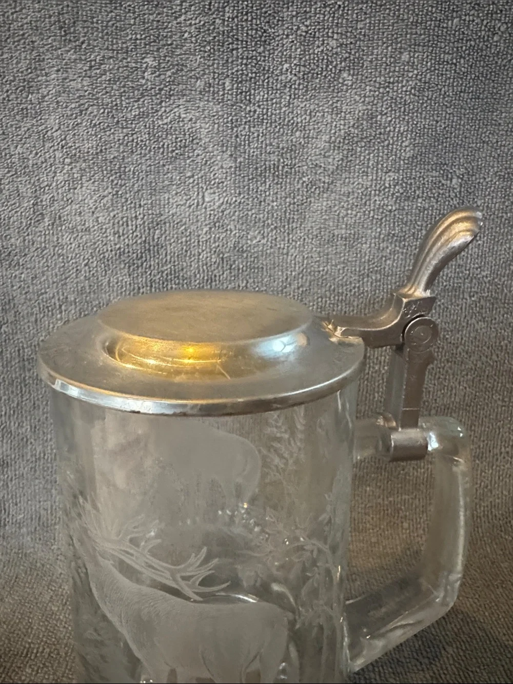 ALWE West Germany Glass Beer Stein Etched Stag Wildlife Design Pewter Lid